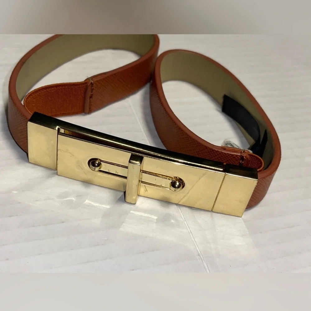 EXPRESS SKINNY BELT GOLD  TURN-LUCK ELASTIC IN THE BACK BROWN M/L TINY SCRATCH